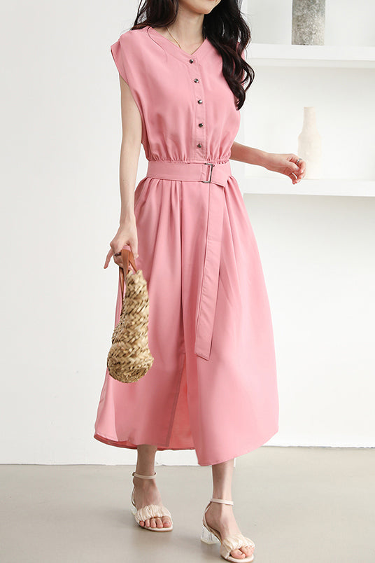 バックルベルト付Vネックロングフレアワンピース 4色入 - liwisi