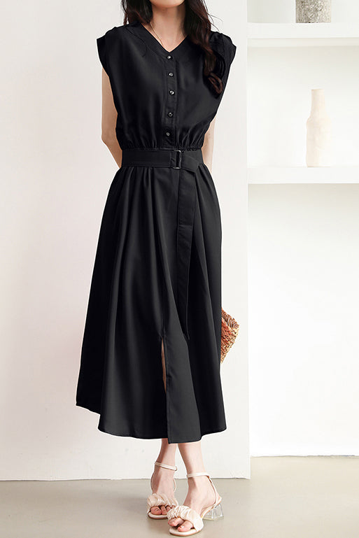 バックルベルト付Vネックロングフレアワンピース 4色入 - liwisi