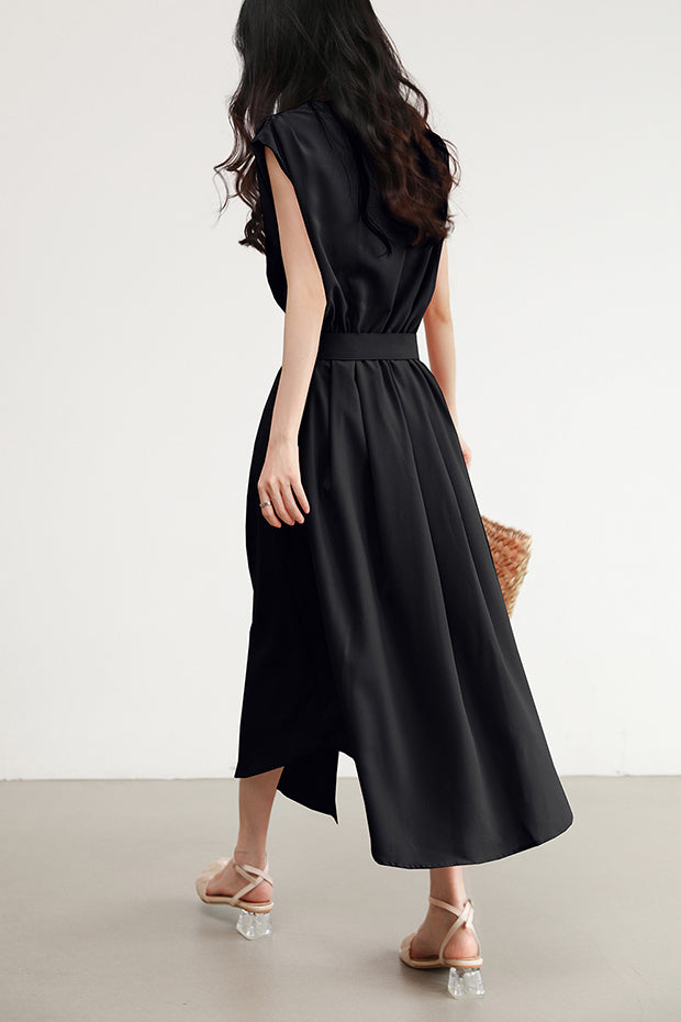 バックルベルト付Vネックロングフレアワンピース 4色入 - liwisi