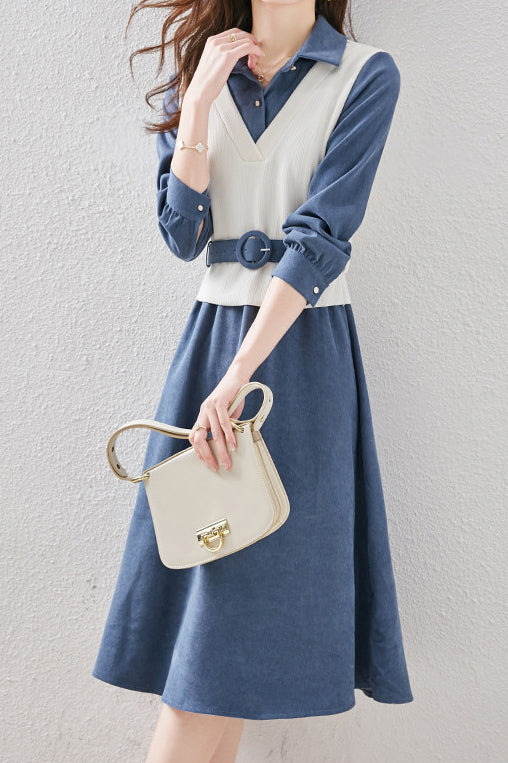 レイヤード風ポロカラーバックルベルテッドワンピース 3色入 - liwisi