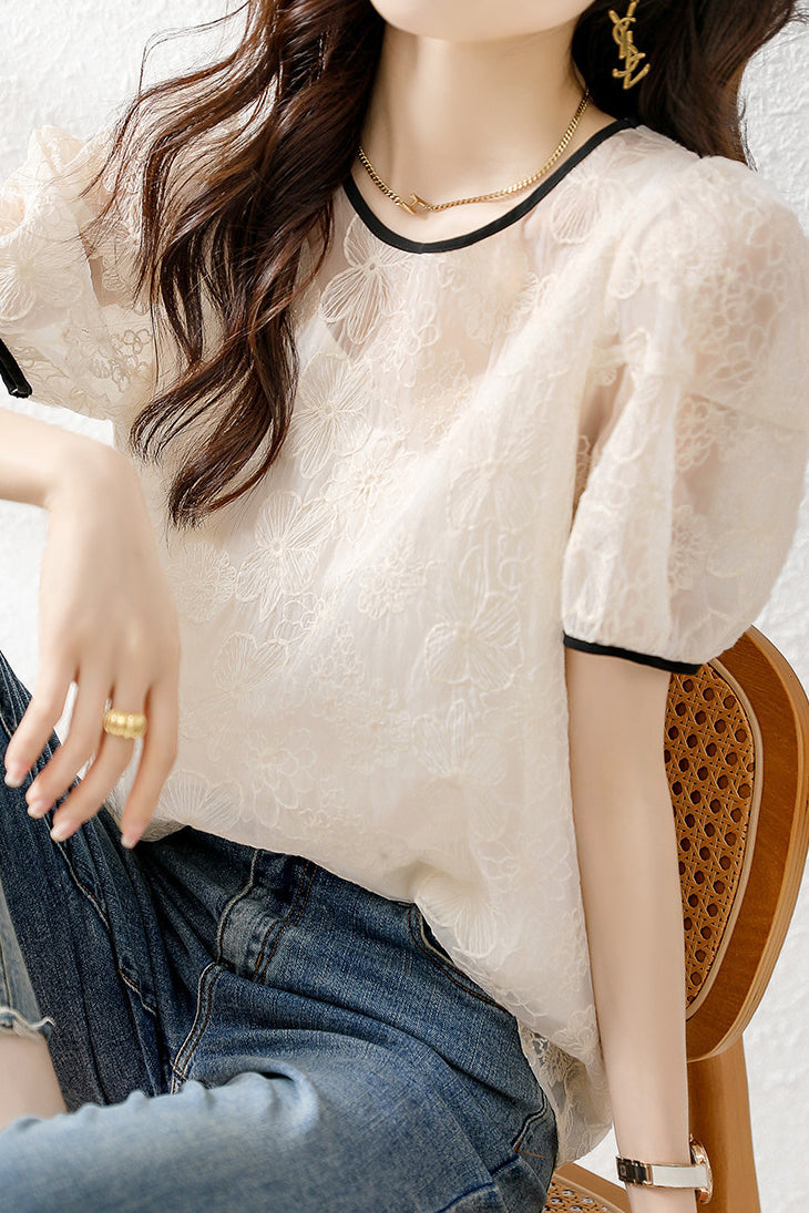 フラワー刺繡パイピングTシャツ 裏地付 - liwisi