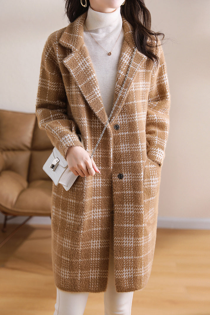 ノッチドラペルカラーエコファーチェックロングコート 2色入 - liwisi