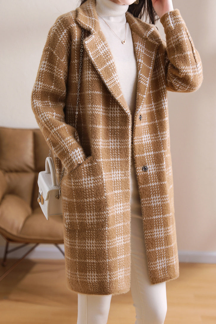 ノッチドラペルカラーエコファーチェックロングコート 2色入 - liwisi