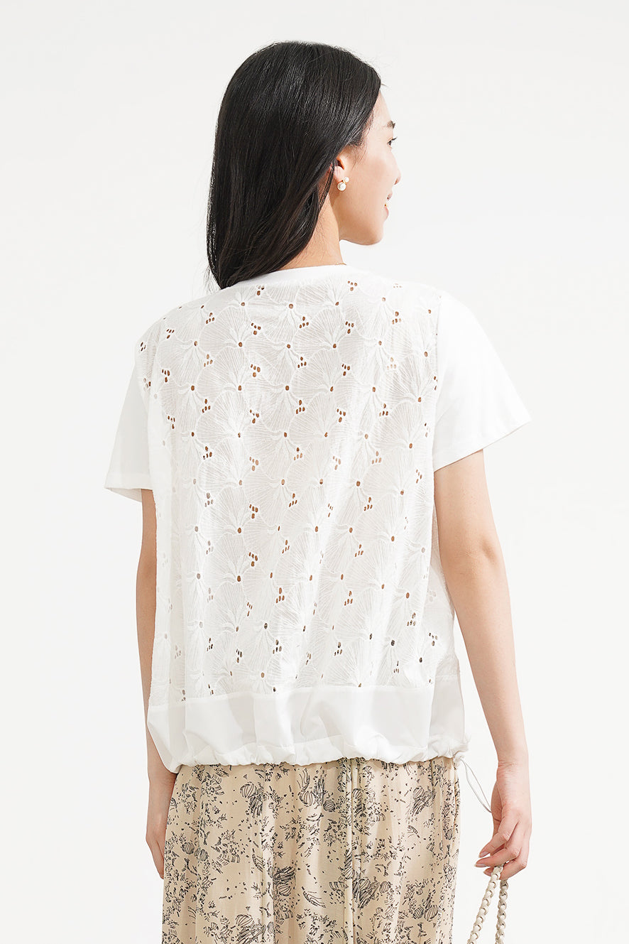 異素材パール装飾カットワークレース切替Tシャツ 2色入 - liwisi