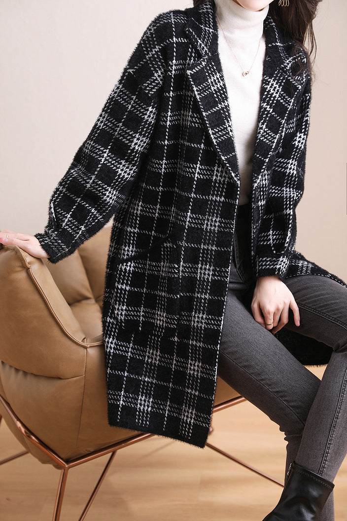 ノッチドラペルカラーエコファーチェックロングコート 2色入 - liwisi