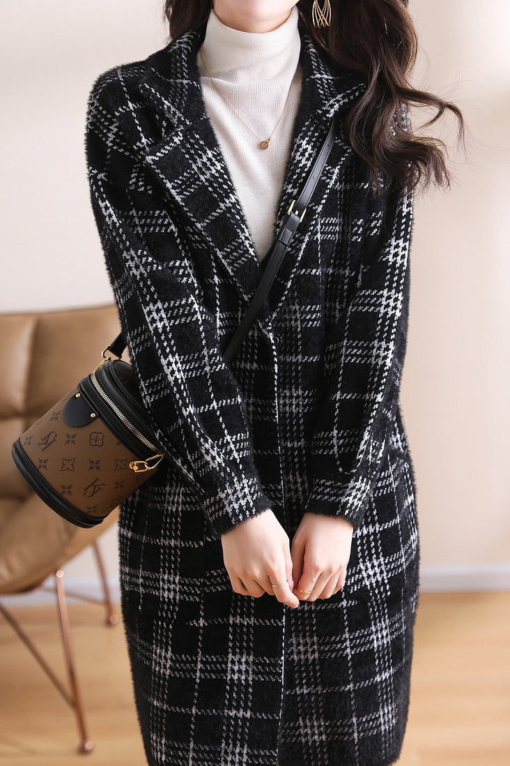 ノッチドラペルカラーエコファーチェックロングコート 2色入 - liwisi
