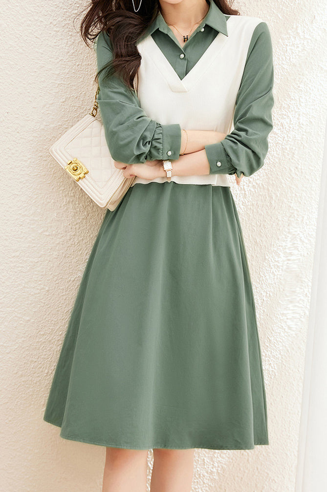 レイヤード風ポロカラーバックルベルテッドワンピース 3色入 - liwisi