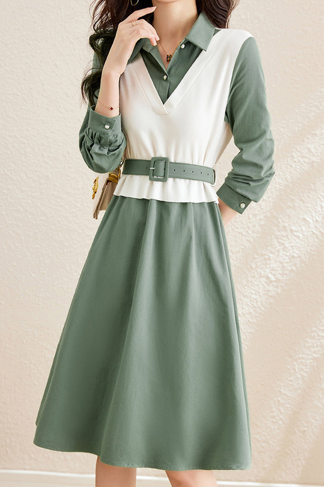 レイヤード風ポロカラーバックルベルテッドワンピース 3色入 - liwisi