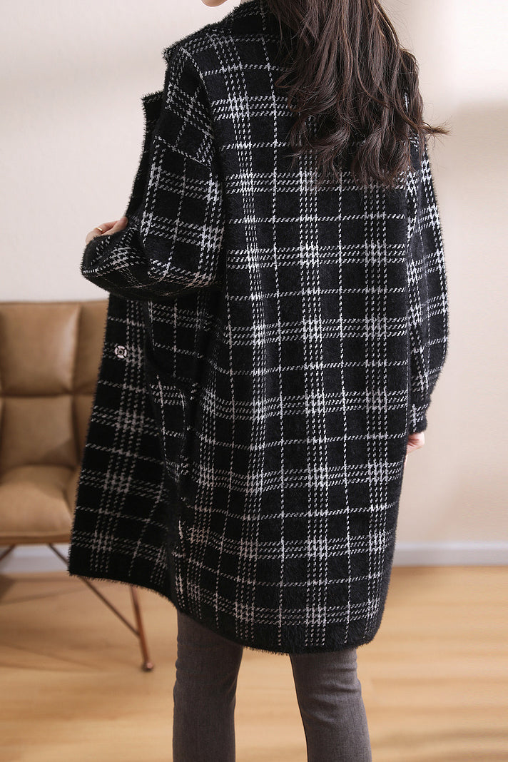 ノッチドラペルカラーエコファーチェックロングコート 2色入 - liwisi