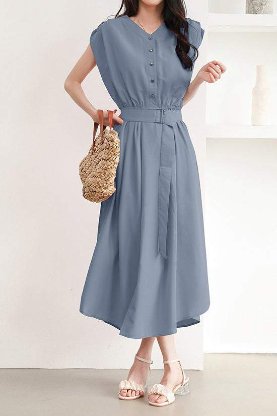 バックルベルト付Vネックロングフレアワンピース 4色入 - liwisi