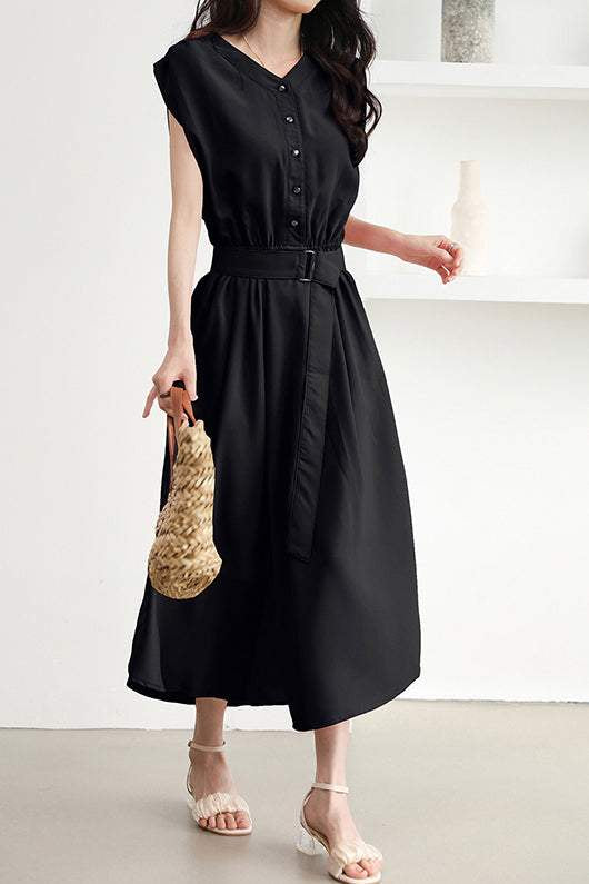 バックルベルト付Vネックロングフレアワンピース 4色入 - liwisi
