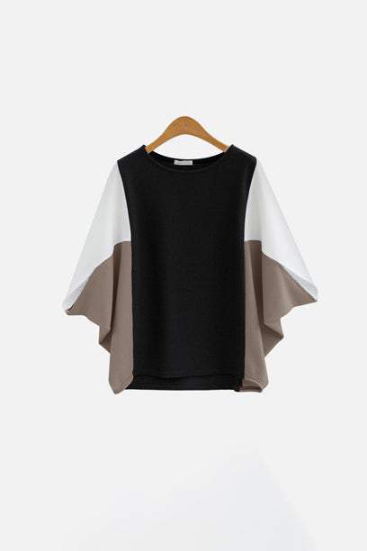 ラウンドネックドルマンスリーブ配色Tシャツ 3色入 - liwisi