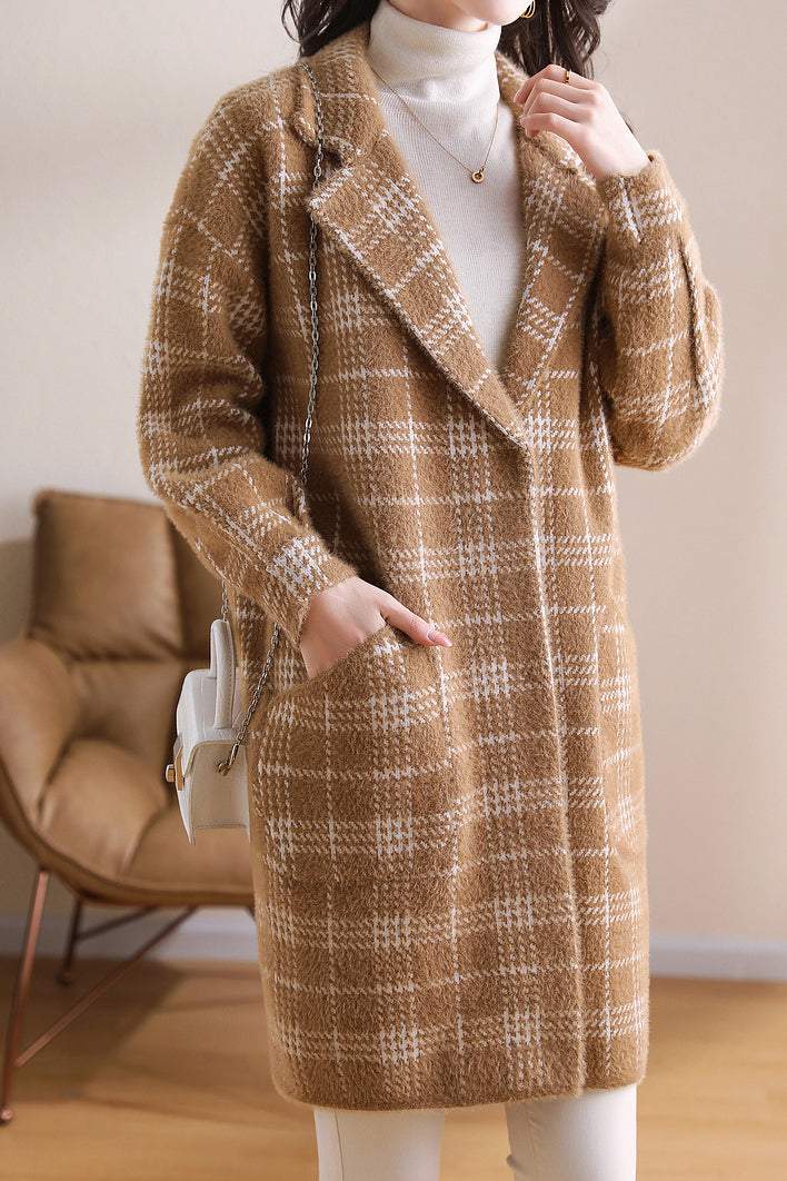 ノッチドラペルカラーエコファーチェックロングコート 2色入 - liwisi