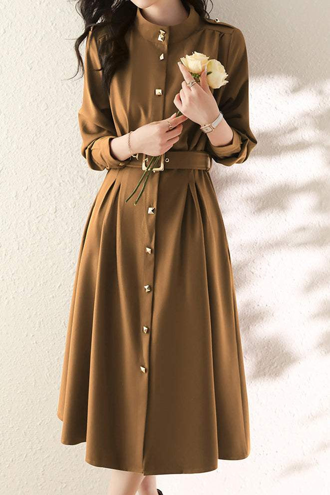 スタンドカラータックインロングフレアワンピース 3色入 - liwisi
