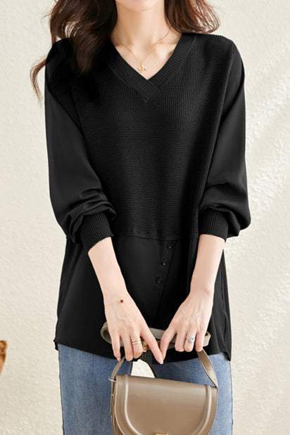 異素材切替Vネックフロントスリットニット 3色入 - liwisi