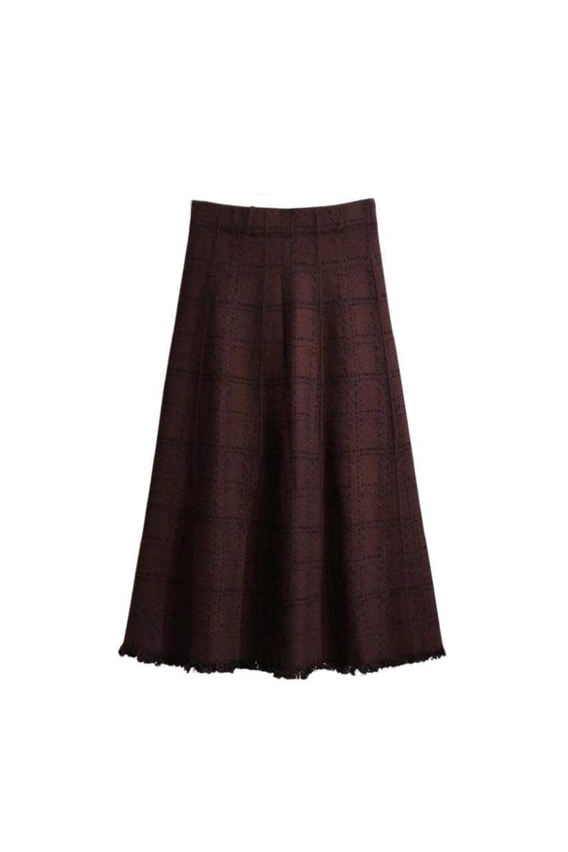 ハイウエストフリンジ装飾チェックロングスカート 3色入 - liwisi