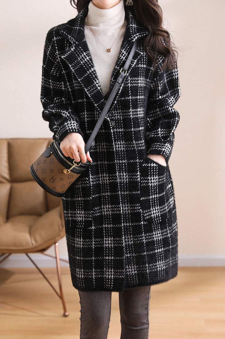 ノッチドラペルカラーエコファーチェックロングコート 2色入 - liwisi