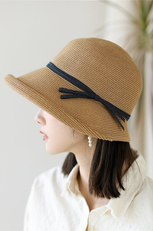リボン紐かけ細編みハット 折り畳み ナチュラル レトロ 6色入 - liwisi
