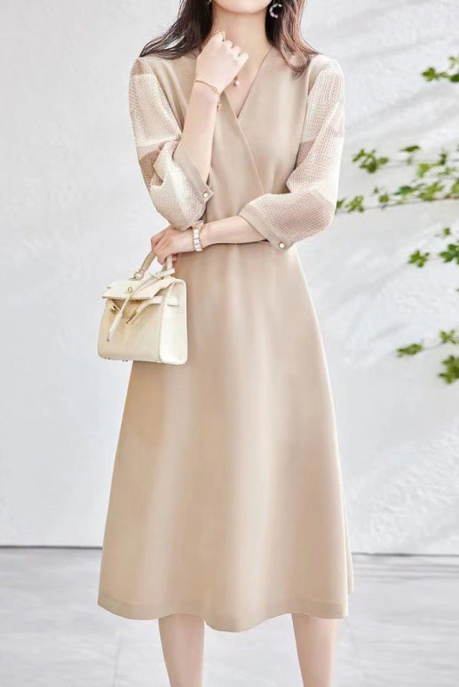 異素材シアーチェック切替カシュクールベルトロングワンピース 2色入 - liwisi