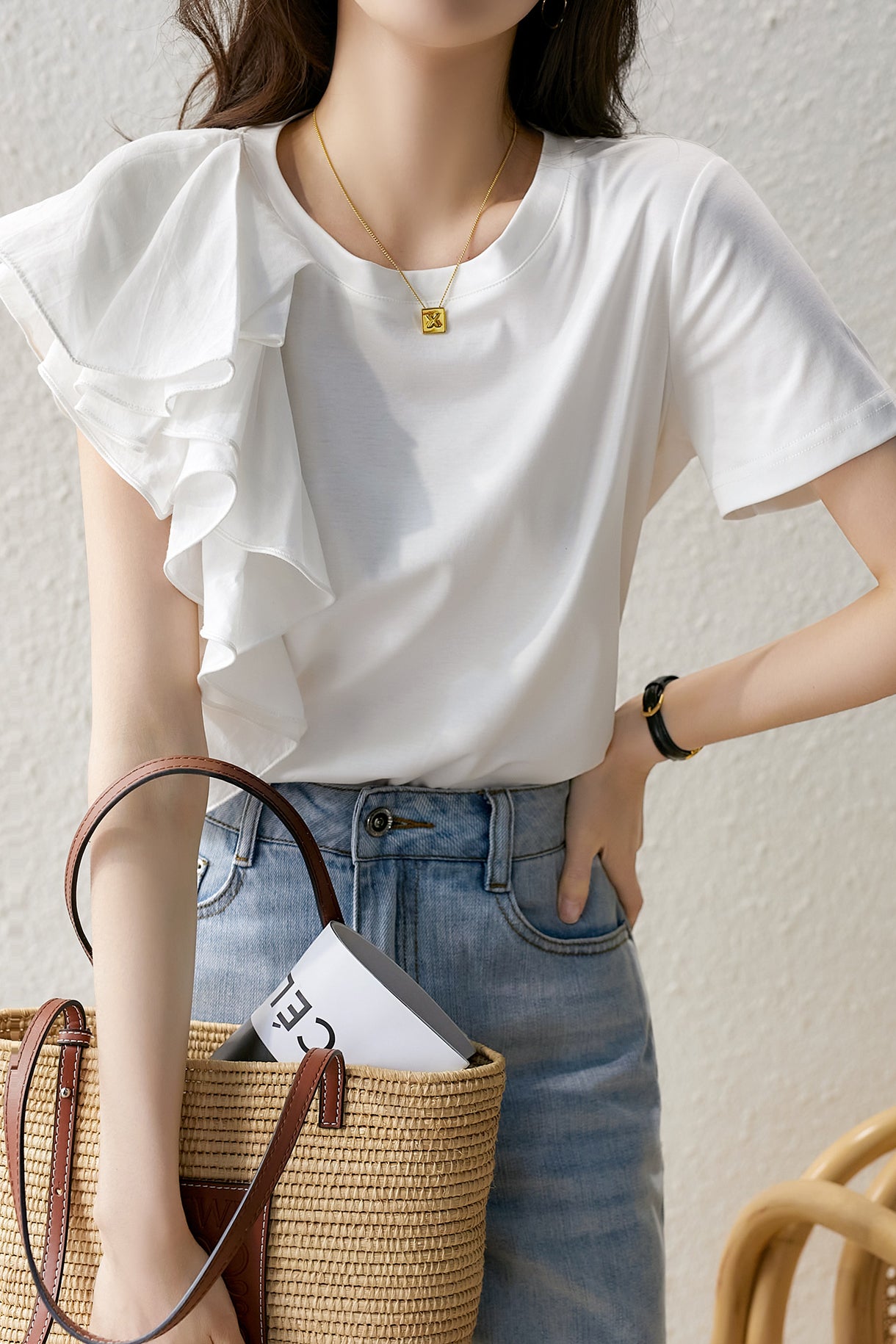 アシンメトリー切替ラッフルTシャツ 2色入 - liwisi