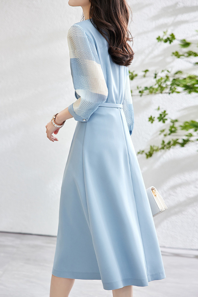 異素材シアーチェック切替カシュクールベルトロングワンピース 2色入 - liwisi