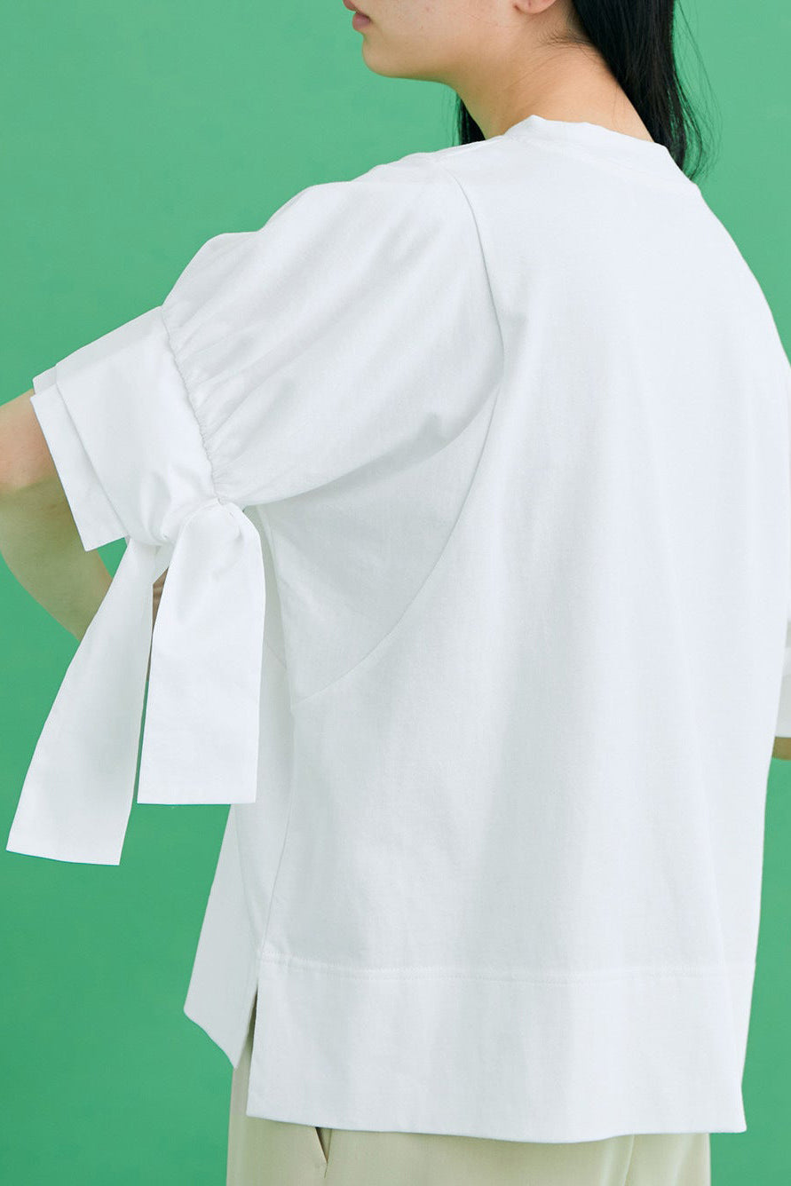 異素材ラウンドネックリボン袖Tシャツ 3色入 - liwisi