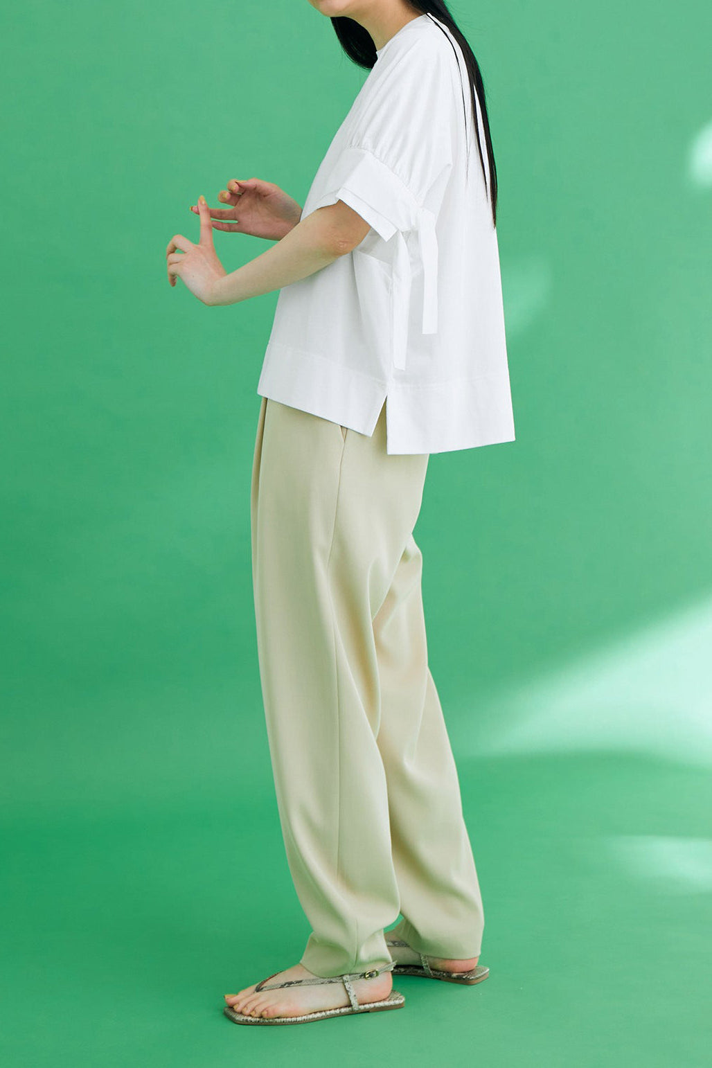 異素材ラウンドネックリボン袖Tシャツ 3色入 - liwisi