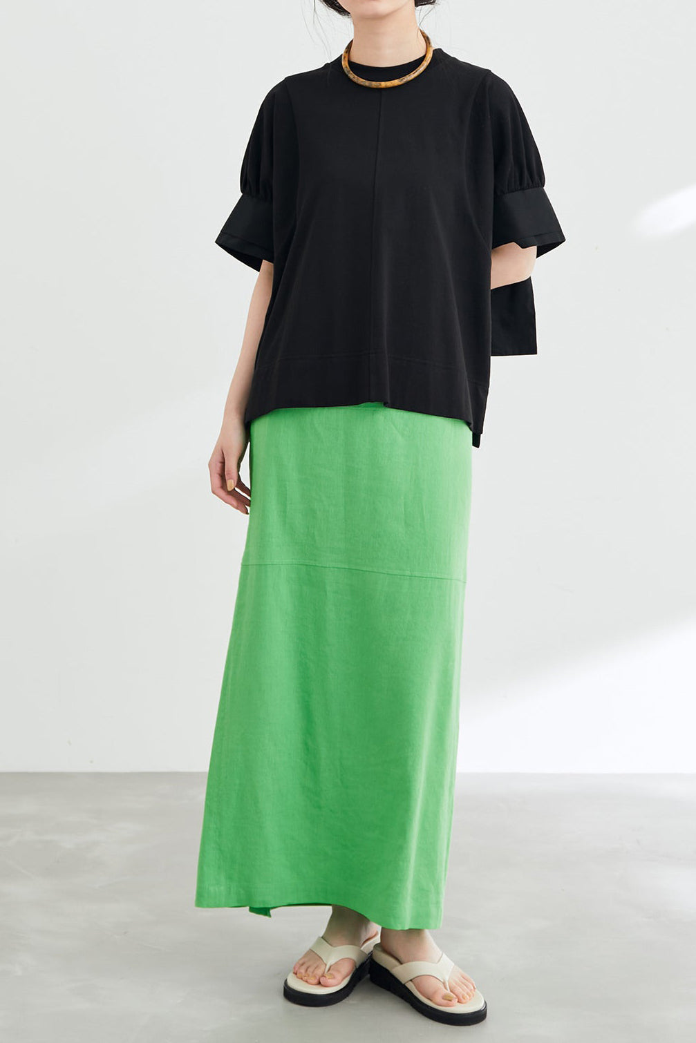異素材ラウンドネックリボン袖Tシャツ 3色入 - liwisi