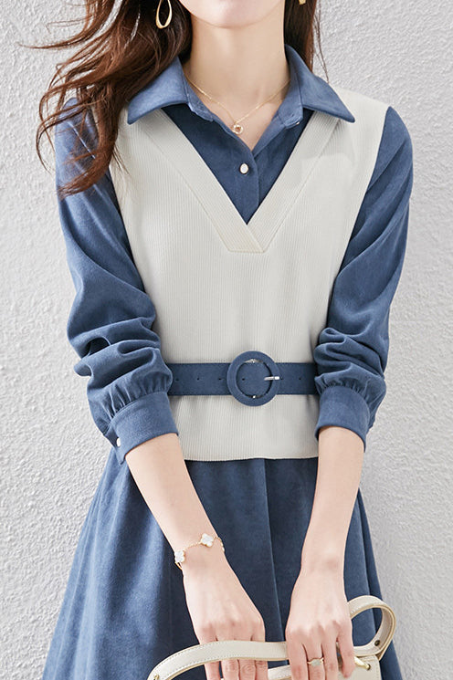 レイヤード風ポロカラーバックルベルテッドワンピース 2色入 - liwisi