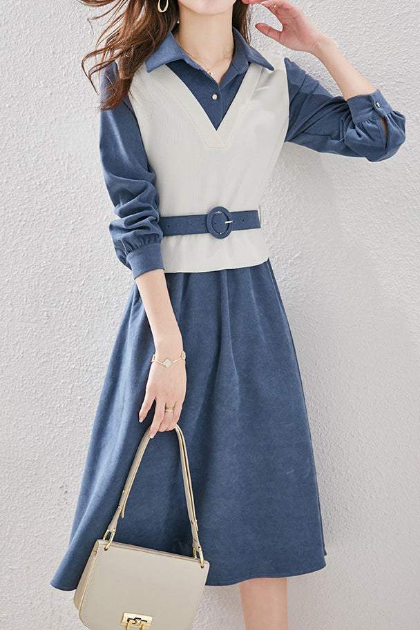 レイヤード風ポロカラーバックルベルテッドワンピース 2色入 - liwisi