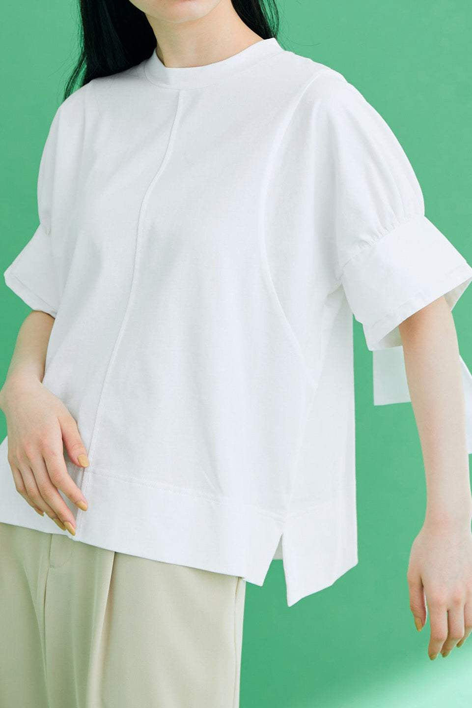 異素材ラウンドネックリボン袖Tシャツ 3色入 - liwisi