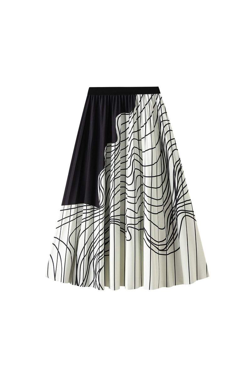 アシンメトリーラインプリントプリーツスカート 2色入 - liwisi
