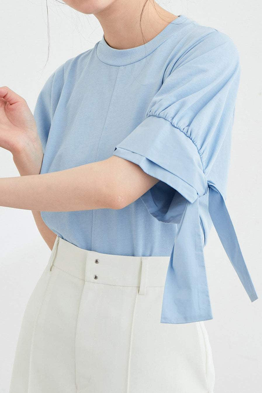 異素材ラウンドネックリボン袖Tシャツ 3色入 - liwisi