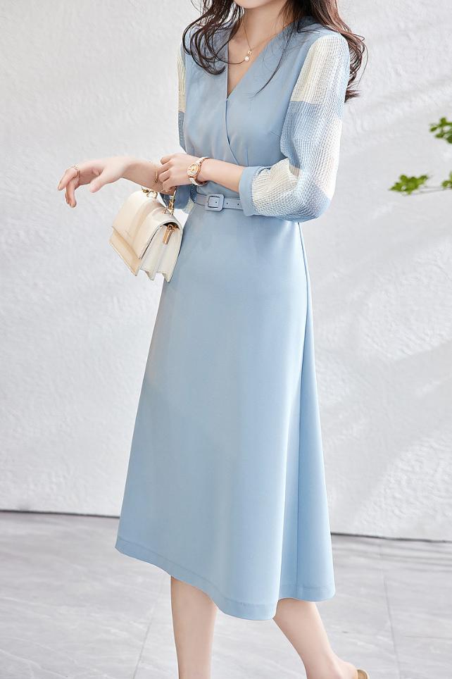 異素材シアーチェック切替カシュクールベルトロングワンピース 2色入 - liwisi