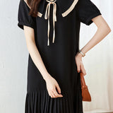 Peter Pan Collar Pleats Contrast Puff Dress