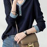 Round Neck Bi-Color Button Decor T-Shirt