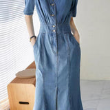 V-Neck Front Slit Mermaid Denim Dress