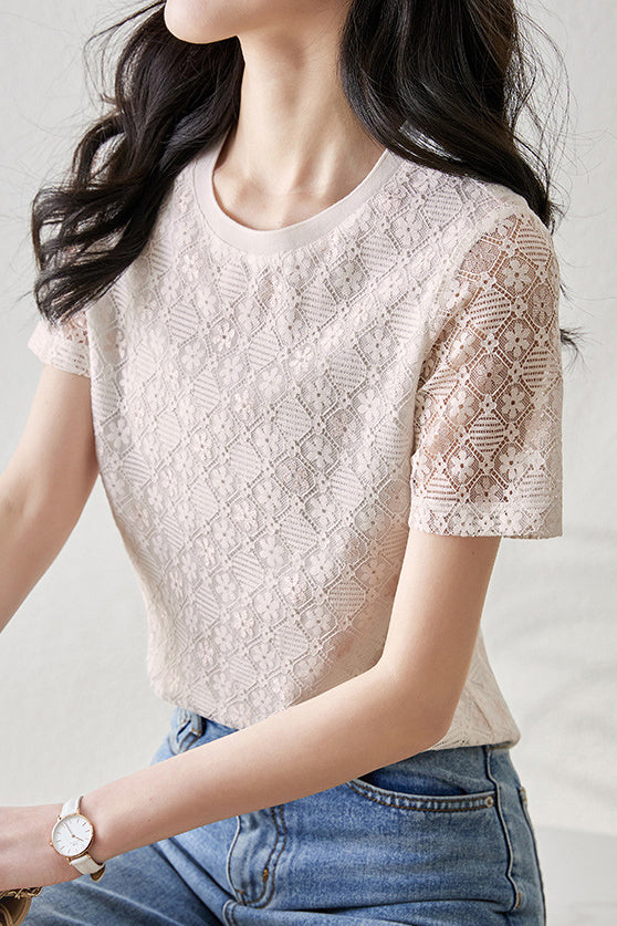 ラウンドネック菱柄レースTシャツ　裏地付 - liwisi
