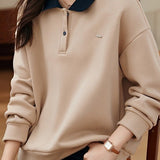 Polo Collar Bi-Color Tarp Patch Decor Sweatshirt