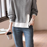 Layered Look Mixed Material Round Neck Sweatshirt