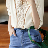 Scalloped V-Neck Embroidered Satin Blouse
