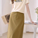 Two-Piece Set: Round Neck Flower Embroidered Logo Print T-Shirt + Side Pocket Straight Long Skirt