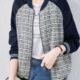 Tweed Patchwork Cropped Baseball Jacket