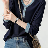 Round Neck Bi-Color Button Decor T-Shirt