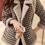 Lapel Collar Eco Fur Decor Houndstooth Jacket