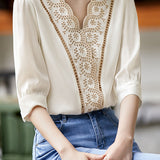 Scalloped V-Neck Embroidered Satin Blouse