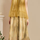 Halter neck tulle switching shading dicelup gaun panjang dengan lapisan, disertakan 3 warna