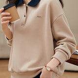 Polo Collar Bi-Color Tarp Patch Decor Sweatshirt