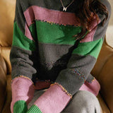 Patchwork color-contrasting striped sweater