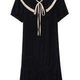 Peter Pan Collar Pleats Contrast Puff Dress